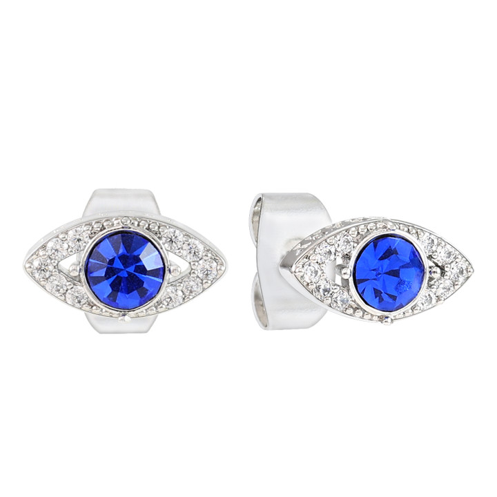 Silver Evil Eye stud earrings with sapphire-blue cubic zirconia centre and pavé surround – jewellery product thumbnail on white background