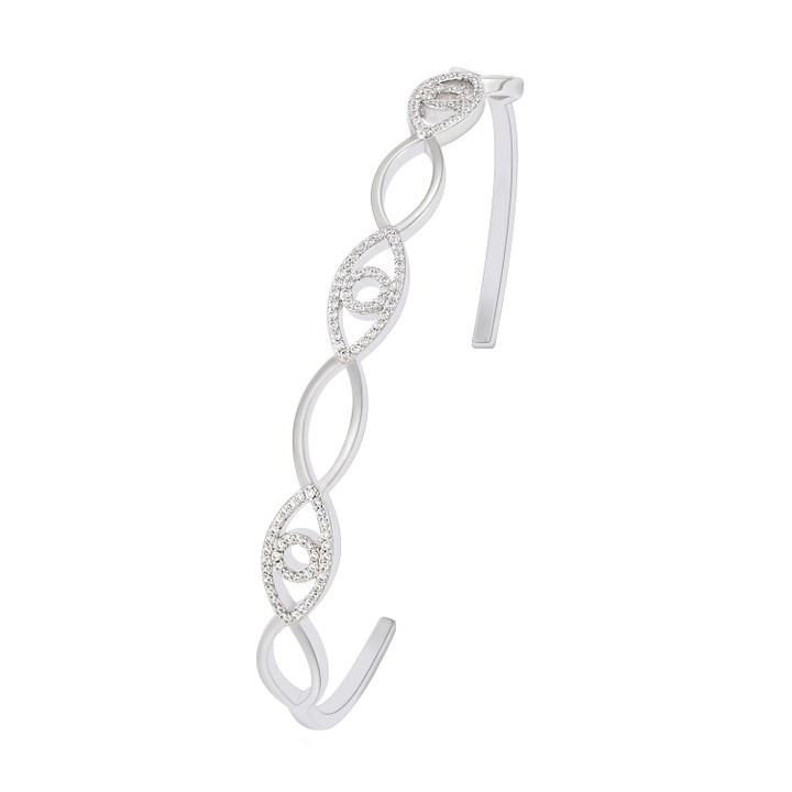 Silver Evil Eye bangle with inset cubic zirconia and open cuff design – jewellery product thumbnail on white background