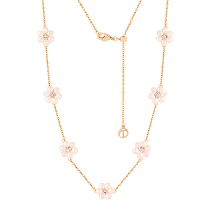 Gold necklace featuring multiple daisy motifs with pink pearl petals and sparkling crystal centers on an adjustable chain.