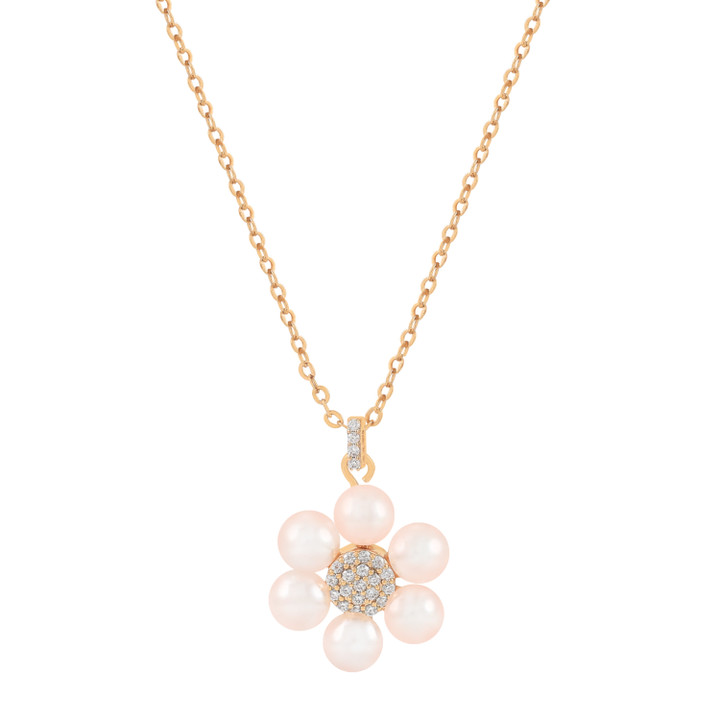 Gold pendant necklace with a daisy design, featuring pink pearl petals and a sparkling crystal-studded center on an adjustable chain.