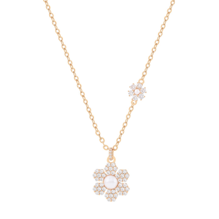 Gold daisy pendant necklace with crystal-studded petals and pearl center on a delicate chain.