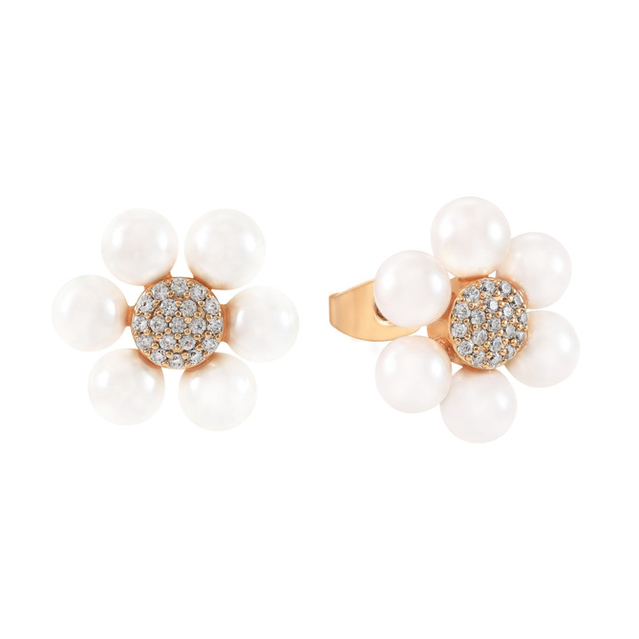 Gold daisy stud earrings with pearl petals and a crystal-encrusted center.