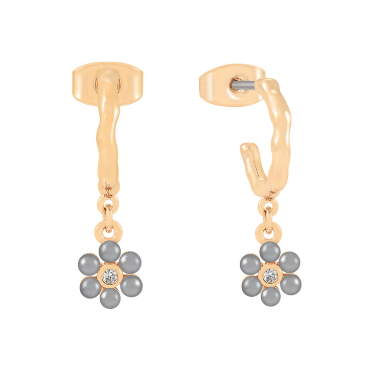 Gold hoop drop earrings featuring grey pearl daisy charms with sparkling crystal centers.