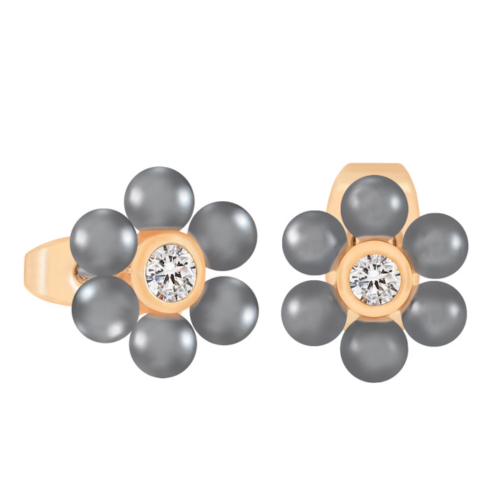 Gold stud earrings with daisy-shaped grey pearl petals and a sparkling crystal center.