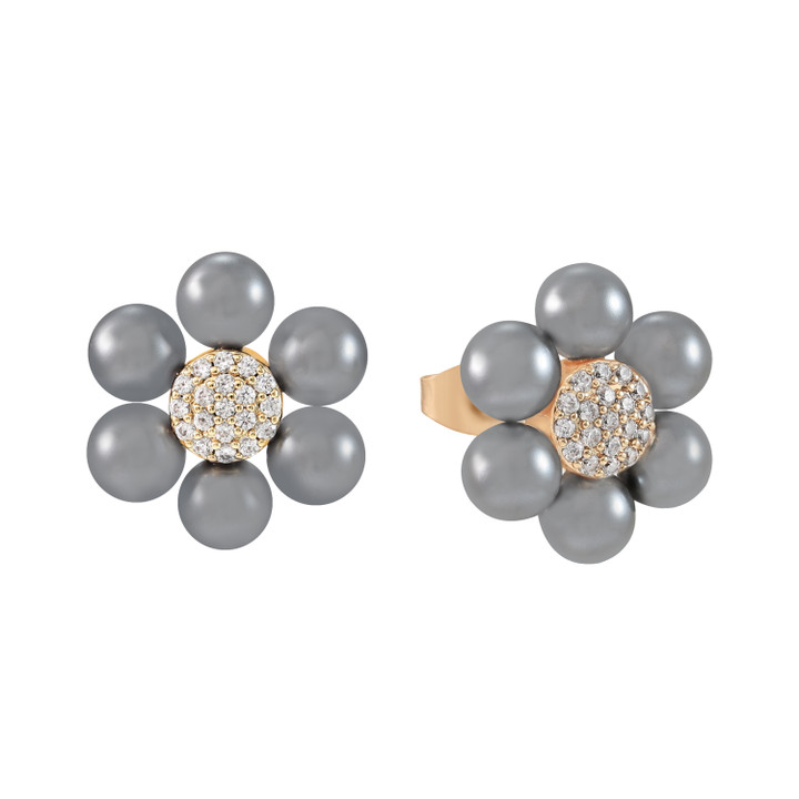 Gold stud earrings with daisy-shaped grey pearl petals and a crystal-encrusted center.