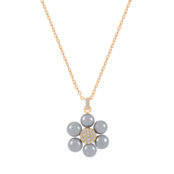 Gold necklace featuring a single daisy pendant with grey pearl petals and a crystal-encrusted center on an adjustable chain.