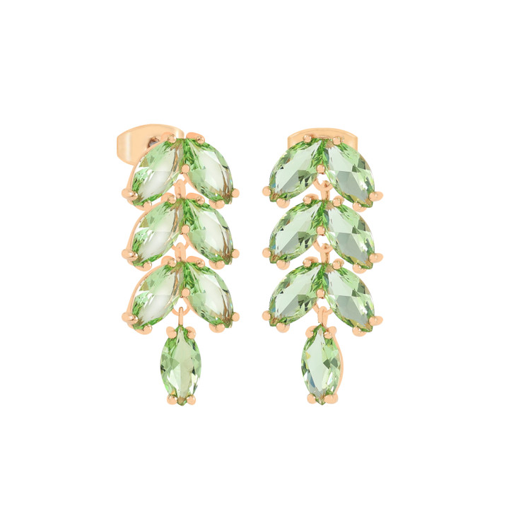 Gold Maureen O’Hara leaf earrings with cascading peridot green stones in a post earring design.