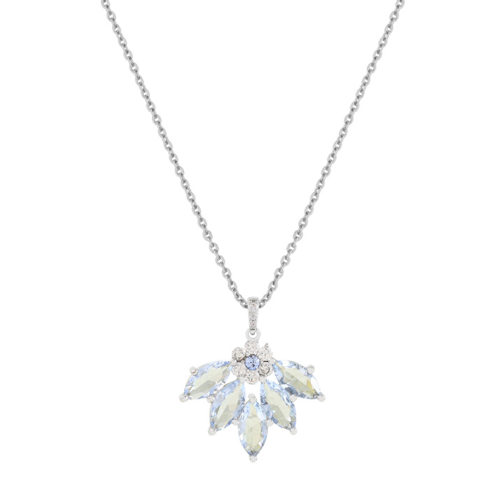 Silver Maureen O’Hara vintage flower pendant necklace with marquise-cut blue sapphire stones and crystal accents.