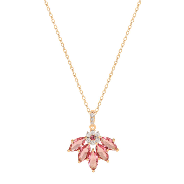 Gold Maureen O’Hara vintage flower pendant necklace with marquise-cut ruby red stones and crystal accents.