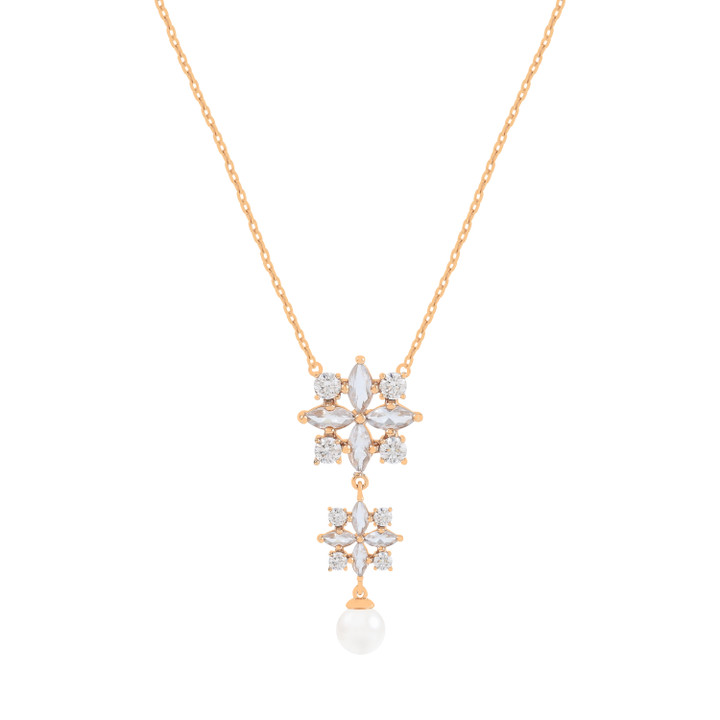 Gold Maureen O’Hara vintage flower pendant necklace featuring two crystal-studded floral motifs with a single pearl drop on an adjustable chain.