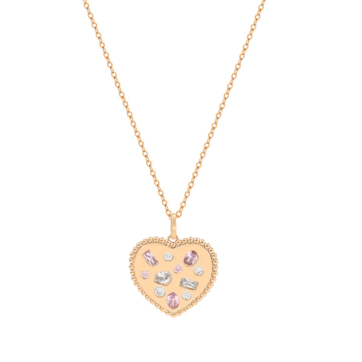 Gold Maureen O’Hara heart-shaped pendant necklace with inset pink and clear cubic zirconia stones and beaded edge detailing.