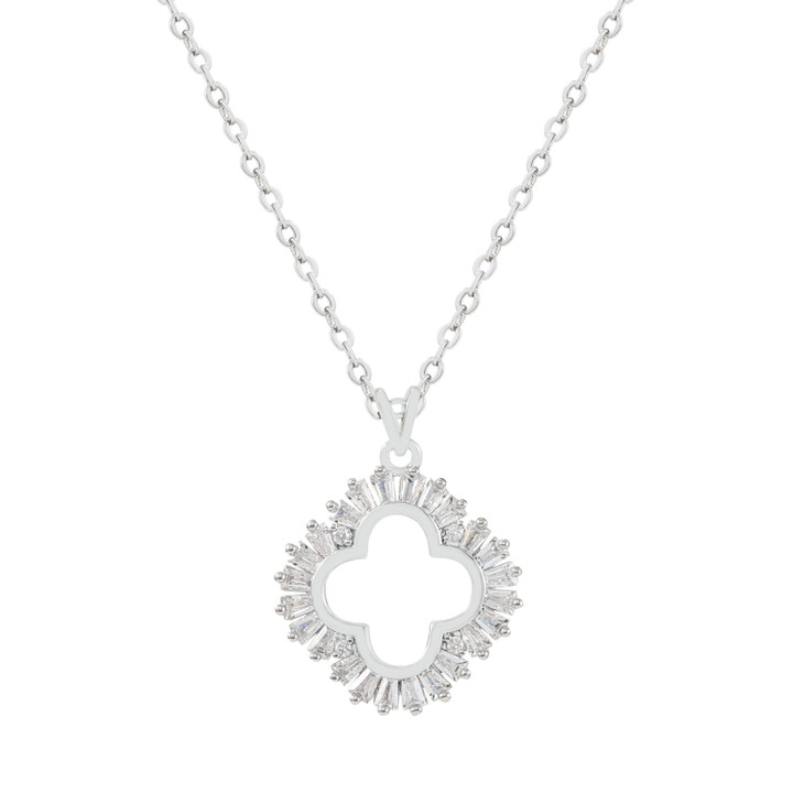 Silver Maureen O’Hara cutout flower pendant necklace with cubic zirconia surround on an adjustable chain.