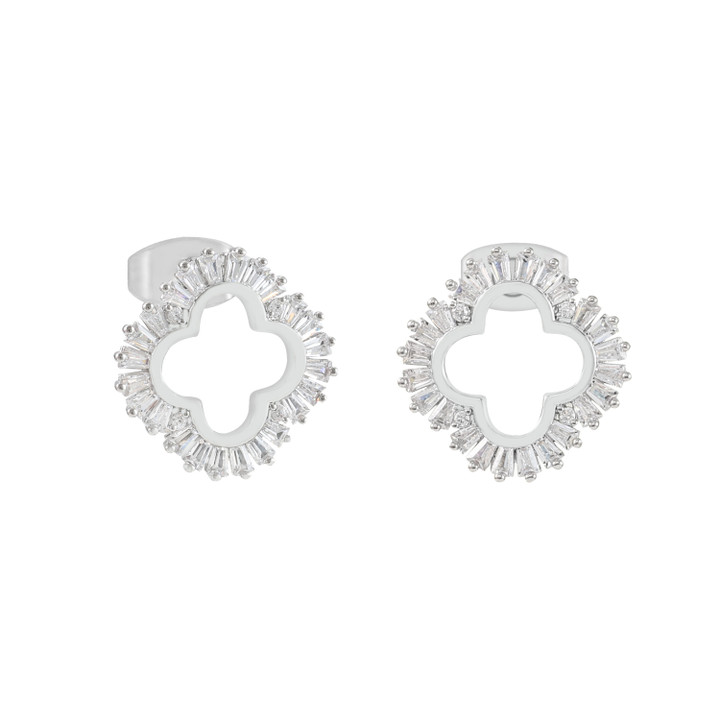Silver Maureen O’Hara cutout flower stud earrings with cubic zirconia surround.