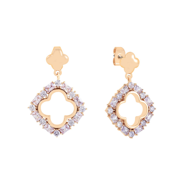 Gold Maureen O’Hara drop earrings with cubic zirconia surround and cutout flower design.