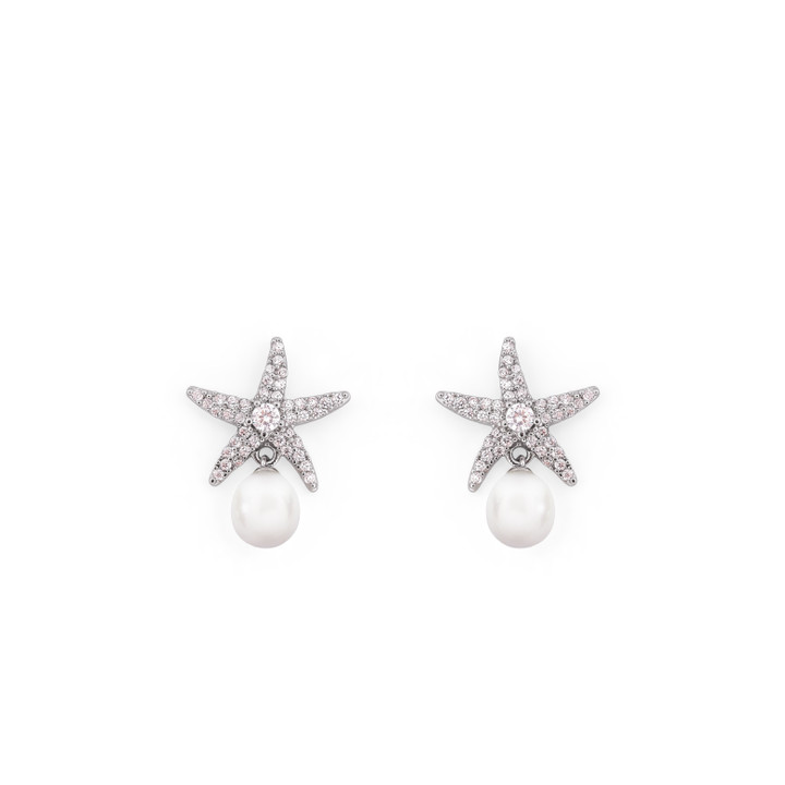 Tc Under The Sea - Pave Set Starfish & Pearl Earrings Silver