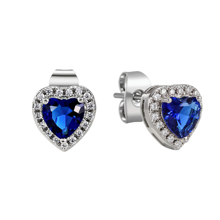 Silver Diamond Heart Earrings Sapphire