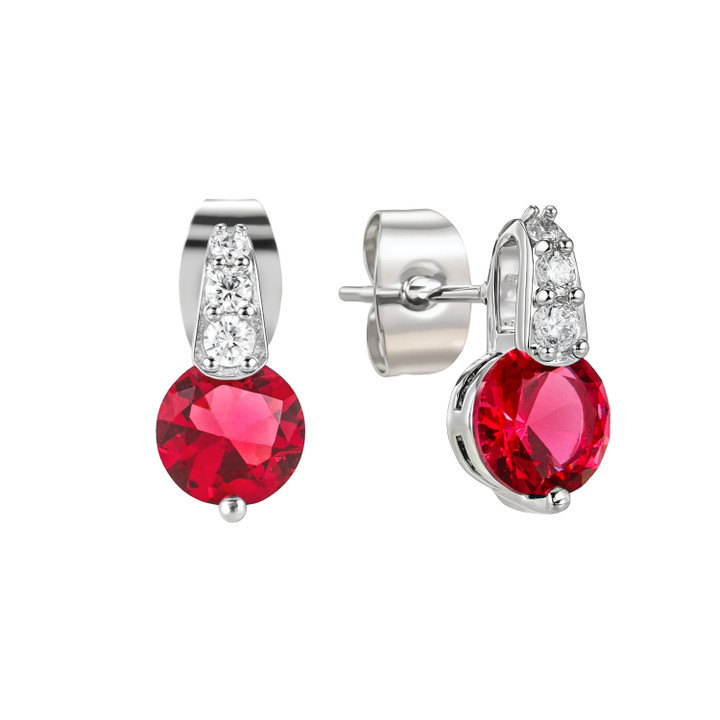 Silver Round Ruby Stone W/Pave Bale Earrings