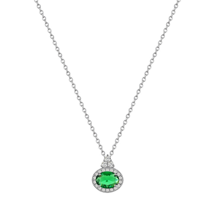 Silver Oval Emerald Stone W/Clear Surround Pendant