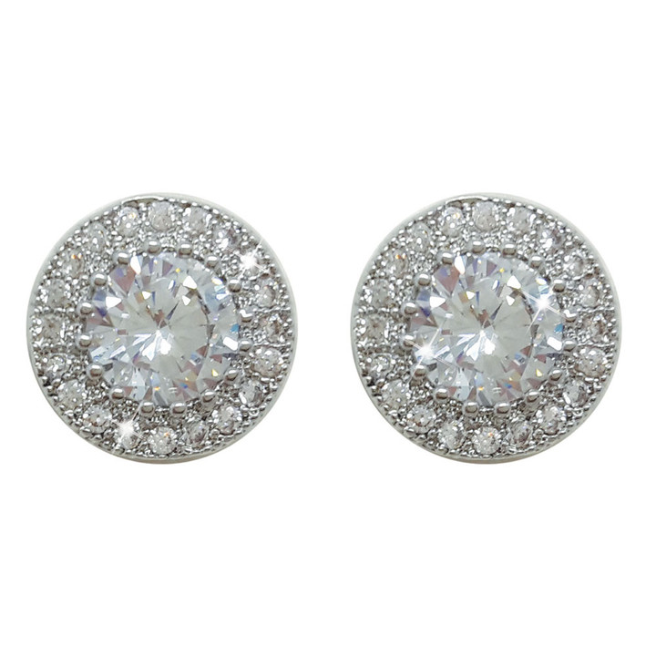 Silver Round Earrings Pave Set Surround