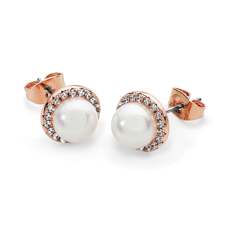Rose Gold Cz Circle With Pearl Earrings Rose Gold Cz Circle With Pearl Earrings
