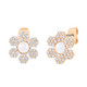 Gold daisy stud earrings with sparkling crystal-encrusted petals and a pearl center.