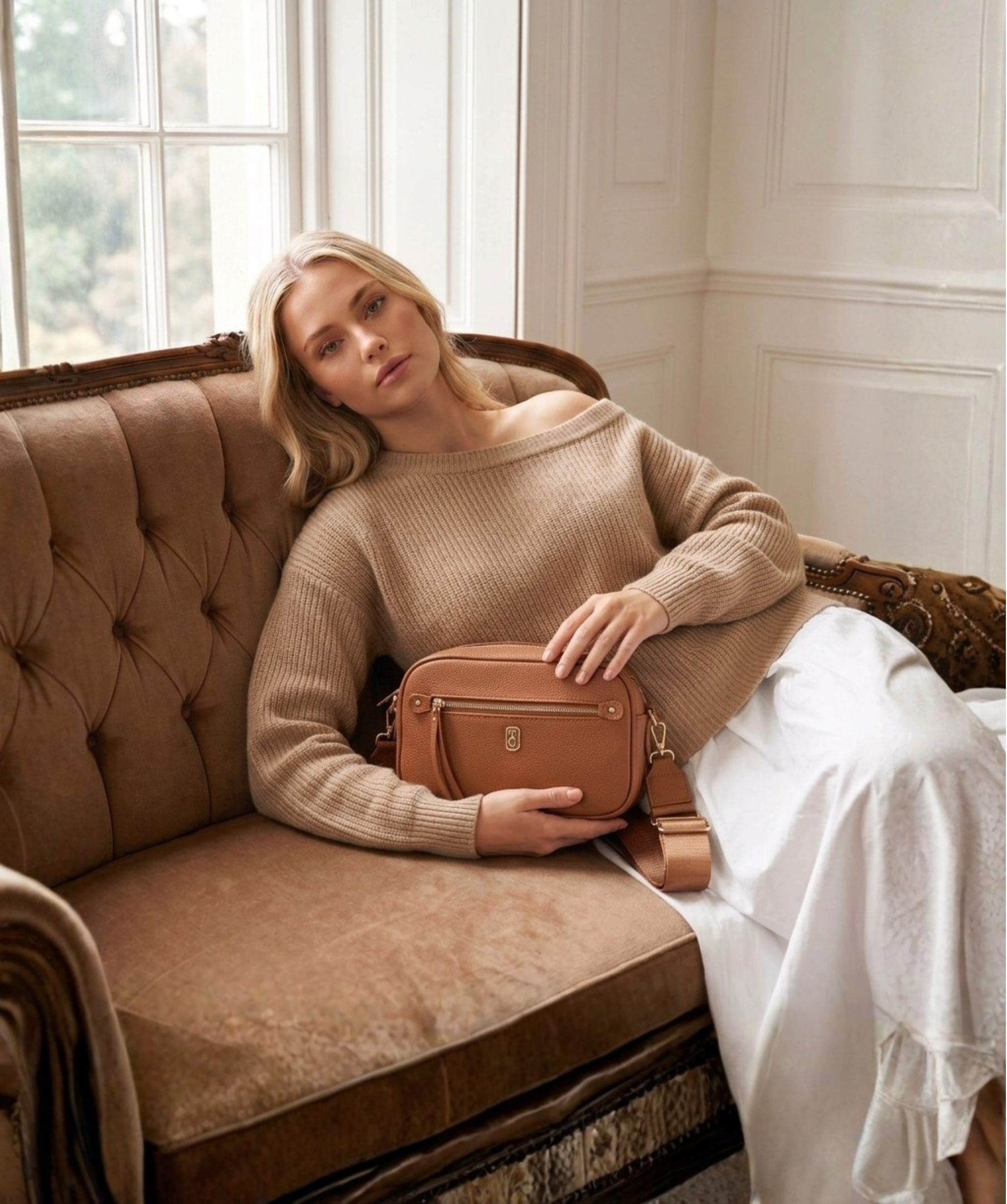 Tan leather handbag styled as a Christmas gift idea