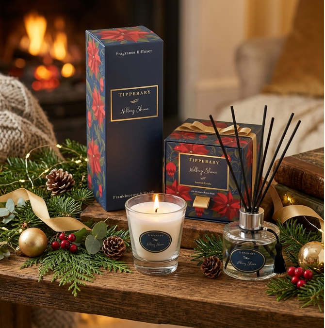 Nollaig Shona candle and diffuser gift boxes styled for Christmas