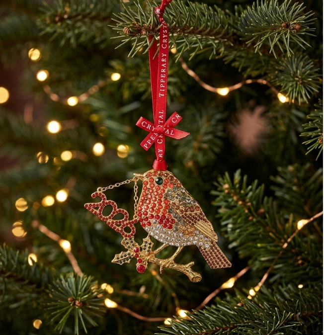 Sparkling robin Christmas tree decoration by Tipperary Crystal