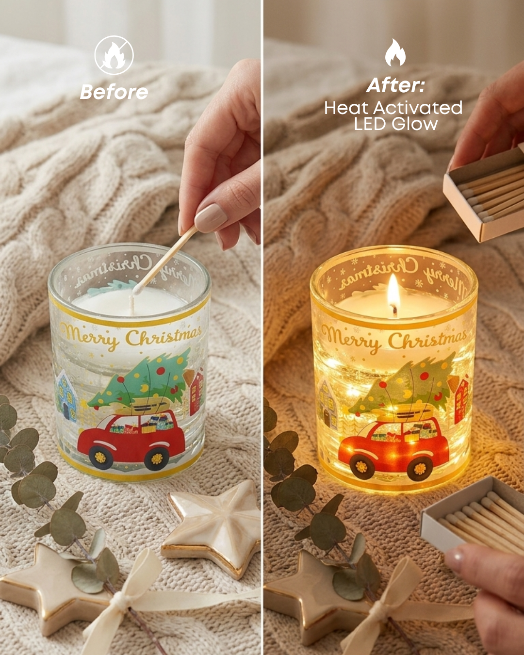 Before and after of a heat activated LED Christmas candle glowing once lit