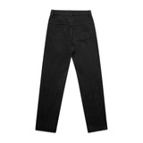 Black straight jeans featuring a simple design and back pockets, with a logo displayed.