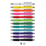 A collection of stylus pens in various colours including white, pink, green, blue, and black, each with a shiny silver clip.