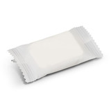 A white compressed towel packaged in a small, clear plastic wrapper. The package features a simple design. A white compressed towel packaged in a small, clear plastic wrapper. The package features a simple design.