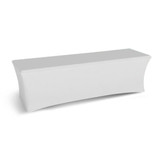 A large, white, stretched tablecloth with a fitted design and smooth surface, featuring a logo.