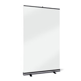 A wide pull-up banner stand with a sleek black base and a plain white display surface.