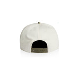 A two-tone camo cap featuring a khaki peak and white body. The back has an adjustable strap and a logo.