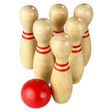 A wooden bowling set featuring six pins with red stripes and a red bowling ball.