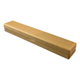 A wooden pen box in light brown, featuring a smooth finish and a sleek, rectangular design. It has a logo.
