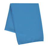 A blue cooling towel featuring a textured surface, with a folded and draped appearance. It has a logo.