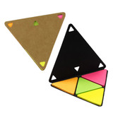 A triangular sticky note pad featuring bright pink, yellow, and green sticky notes against a black and brown background.