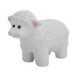 A white stress sheep shaped like a ram with textured wool and small facial features, featuring a branding logo.