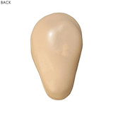 A beige stress shape in a teardrop design, featuring a smooth surface. It has a logo on one side.