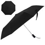 A black umbrella with a silver handle and a logo, displayed from different angles.