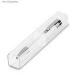 A clear, rectangular packaging container holding a silver and black pen, with a branding logo visible.