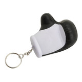 A black and white stress glove key ring with a silver keychain attachment. It has a branding logo on it.