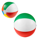 A colourful beach ball with green, red, white, and yellow sections, featuring a smooth, glossy finish.