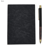 A black notebook with a textured cover and a black pen with a wooden accent, featuring a logo.