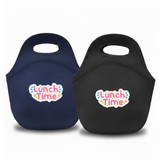 Neoprene lunch bags in navy and black, featuring a colourful logo on the front. Each has a convenient handle.