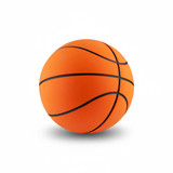 An orange basketball with black lines, featuring a smooth surface and a round shape. It has a logo on it.