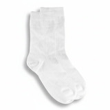 A pair of white lounge socks with a ribbed texture, featuring a logo on one sock.
