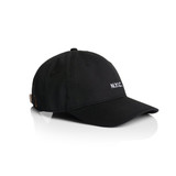 A black cap featuring an adjustable strap and a logo on the front. Ideal for casual headwear.